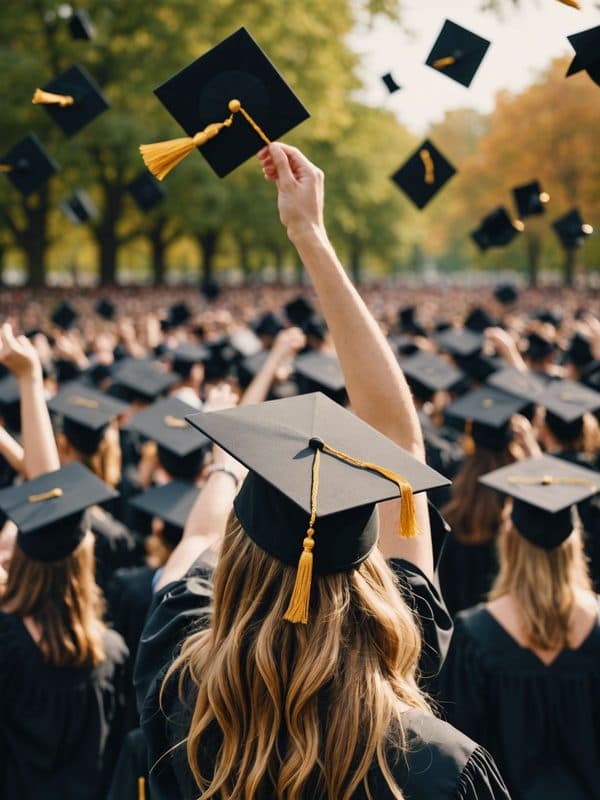 A graduating student raising her cap as the crowd throws theirs