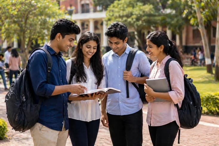 Four students standing together on a campus path, reading an open book and smiling